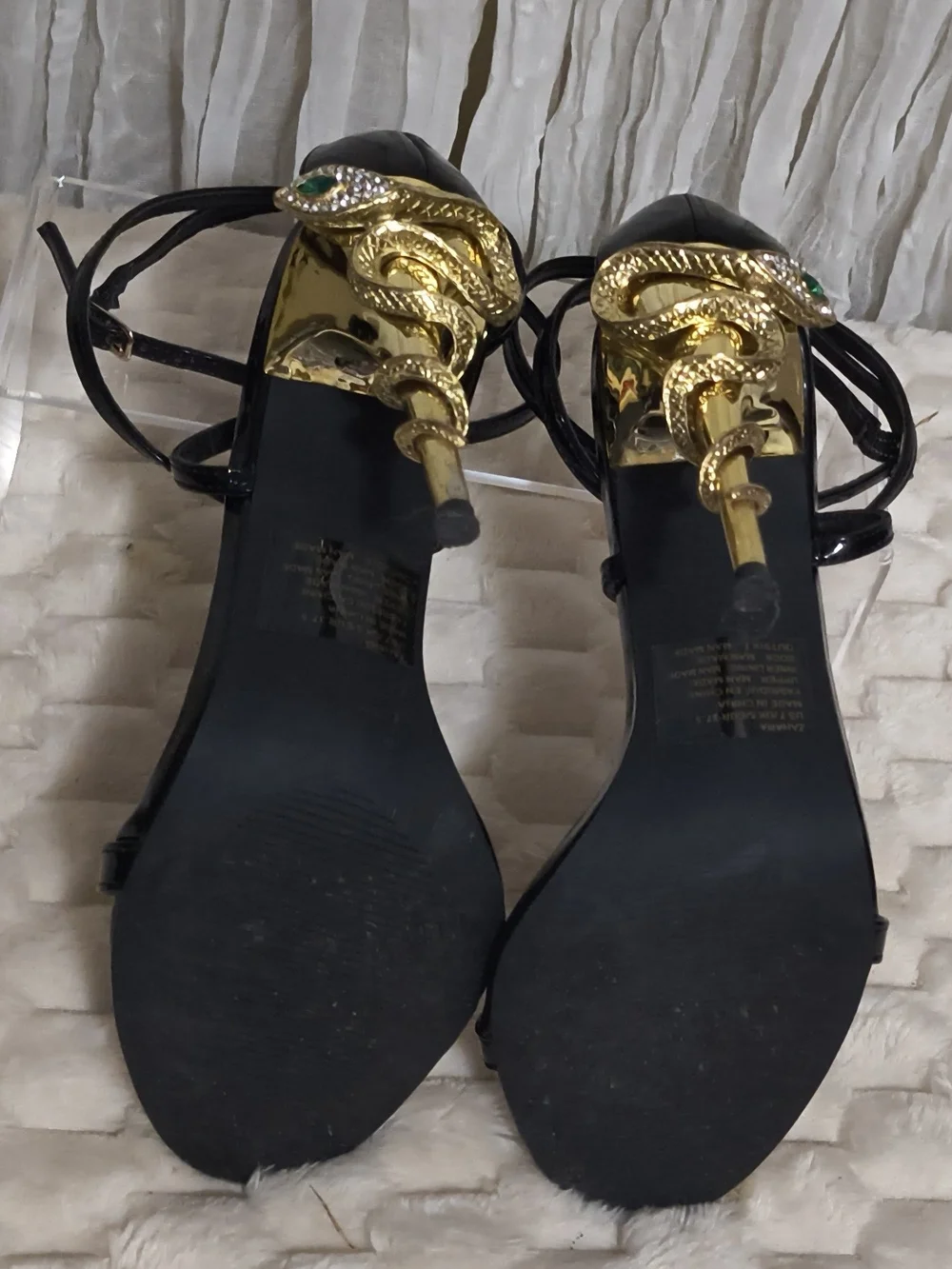 Black Strappy High Heel Sandals with Gold Sculpted Heel